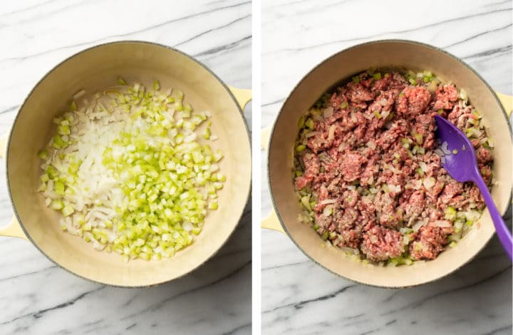 sauteing onions and celery and browning beef in a soup pot for easy hamburger soup