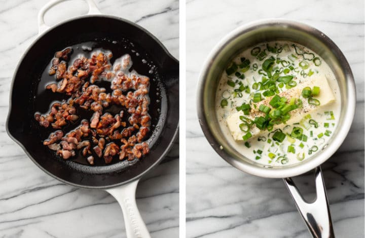 frying bacon and making cream sauce for loaded mashed potato casserole