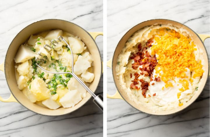 mashing potatoes and adding cheddar and bacon for loaded mashed potato casserole