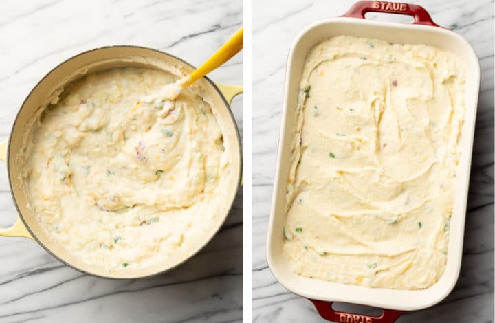 transferring mashed potatoes from a pot to baking dish for cheesy mashed potato casserole