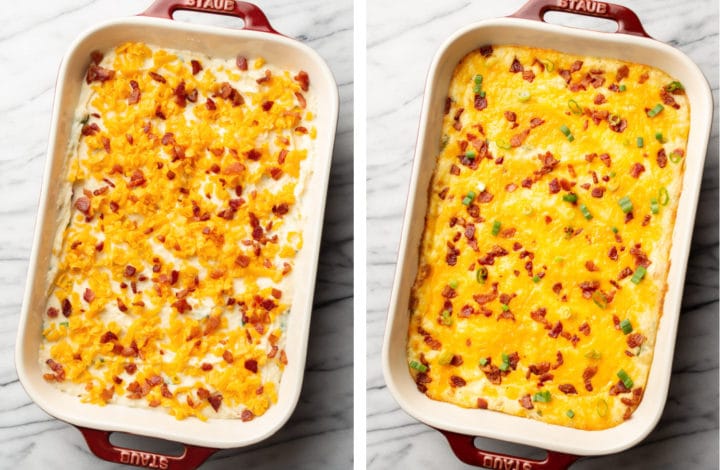 loaded mashed potato casserole before and after baking