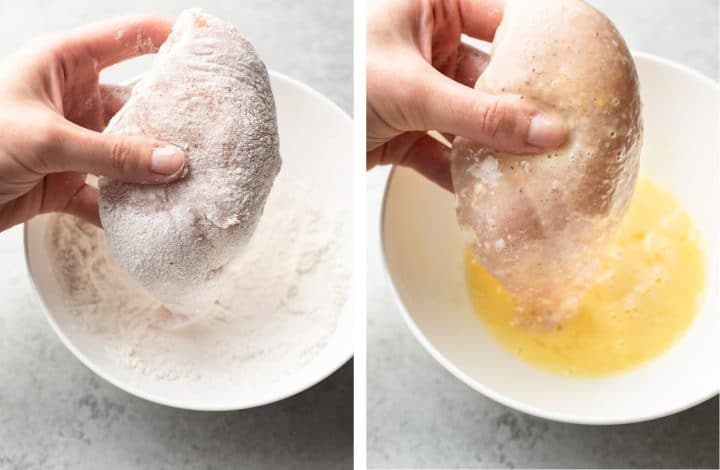 dipping chicken cutlet into flour and then egg for parmesan crusted chicken