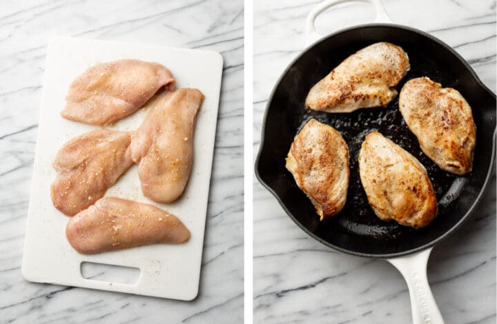 seasoning and pan frying chicken cutlets in a skillet for pesto chicken