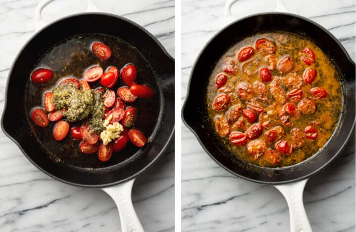 sauteing tomatoes, pesto, and seasoning and adding broth to skillet for pesto chicken