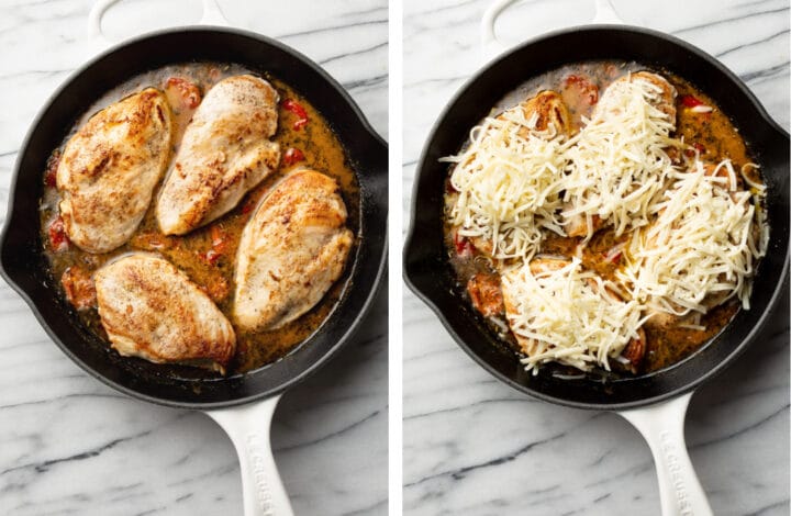 topping chicken with mozzarella cheese in a skillet that's ready for the oven