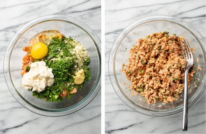 ingredients in a glass bowl being mixed with a fork for salmon patties