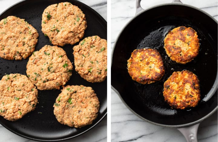 salmon patties before and after being cooked in a cast iron skillet