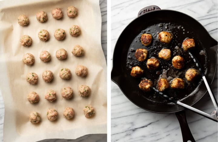 uncooked meatballs on parchment paper and a skillet with easy turkey meatballs and tongs