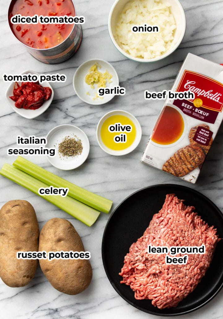 a photo of labelled ingredients for easy hamburger soup recipe