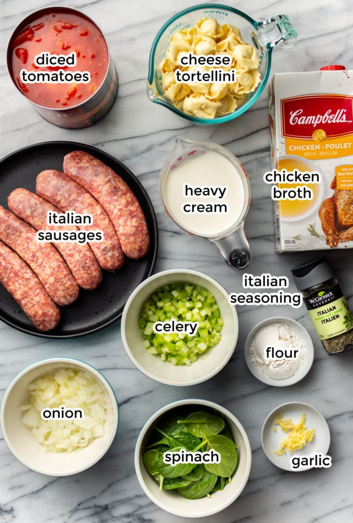 ingredients for italian sausage tortellini soup in bowls and measuring cups on a marble counter