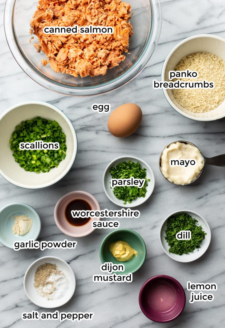 ingredients laid on on a counter in bowls to make the best salmon patties