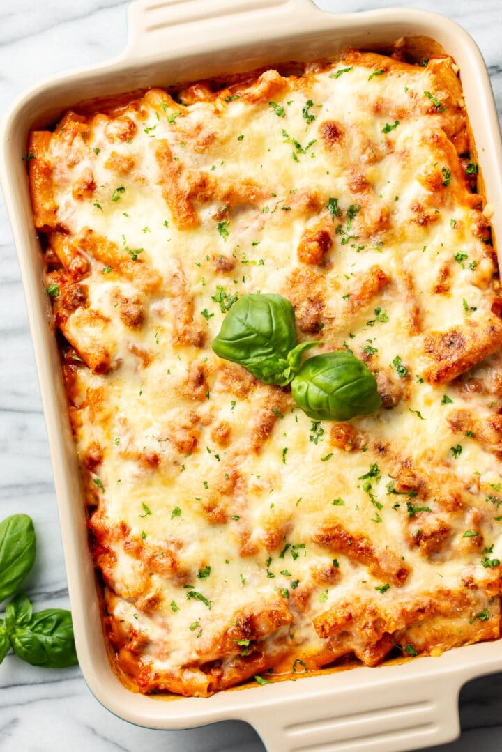 a casserole dish with baked ziti