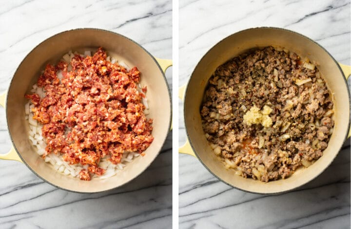 cooking sausage in a dutch oven for baked ziti