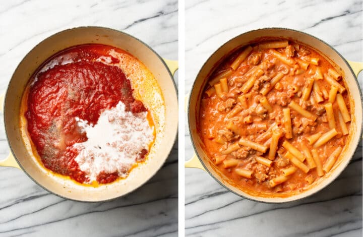 making the tomato sauce and adding ziti to the pot