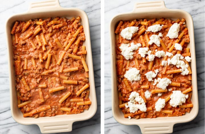making the first layer of baked ziti in a baking dish and topping with ricotta