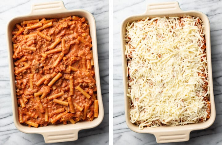 adding the second pasta layer to baked ziti and topping with cheese