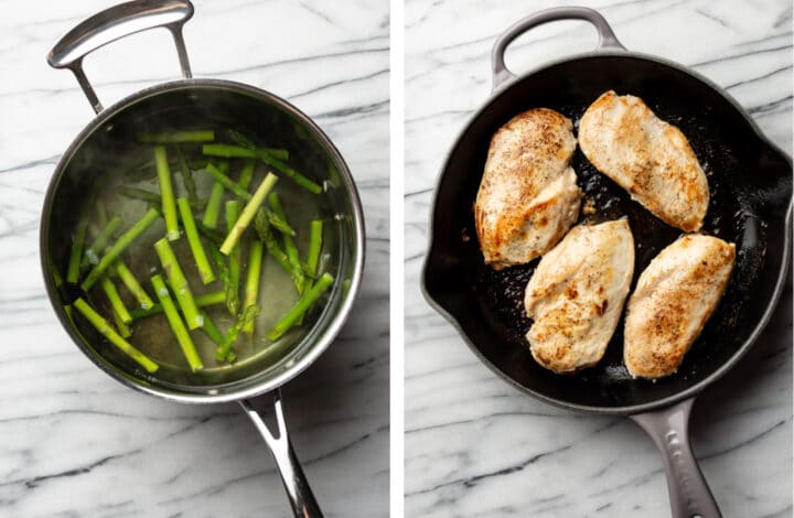 cooking asparagus in a pot next to a skillet with pan fried chicken