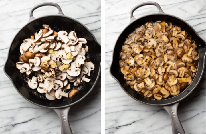 sauteeing mushrooms in a skillet for chicken madeira