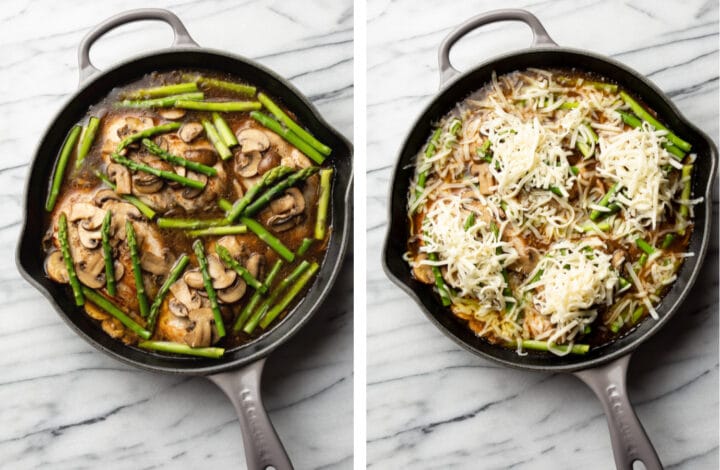 adding chicken back into the skillet, asparagus, and topping with mozzarella cheese