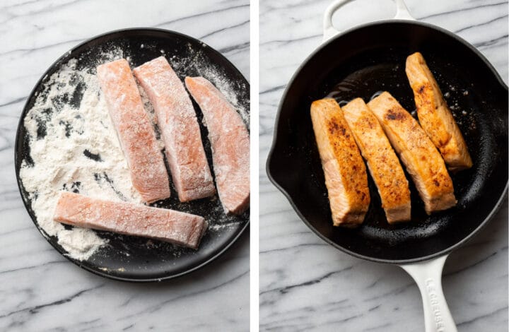 dredging salmon and pan frying in a cast iron skillet for creamy garlic salmon