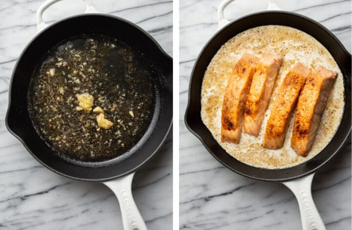 making creamy garlic sauce in a cast iron skillet and adding back salmon