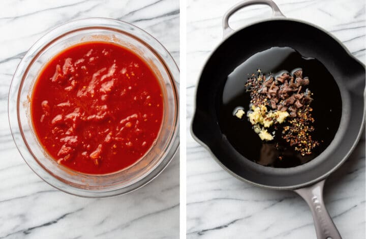 a glass bowl of tomatoes next to a skillet with aromatics and anchovies