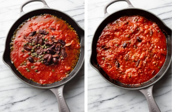 adding tomatoes and olives to a skillet for puttanesca sauce