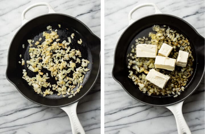 a skillet with sauteed onions and garlic and adding in cream cheese cubes