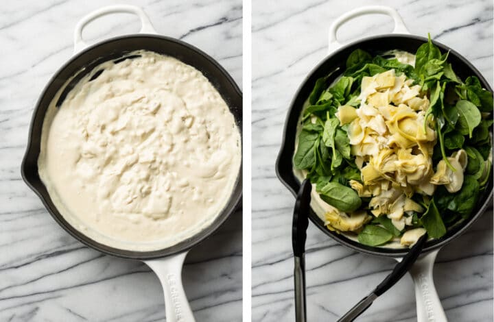 stirring in cream cheese and adding artichokes and spinach to the skillet