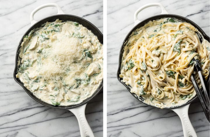 adding in parmesan cheese and cooked fettuccine noodles to the skillet