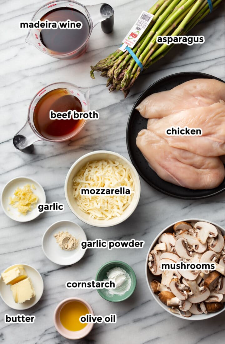 ingredients in bowls and measuring cups for chicken madeira