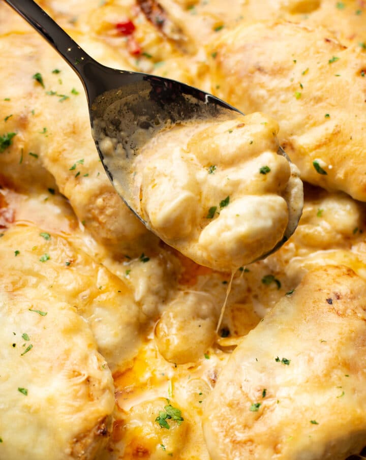close-up of a spoon with cheesy gnocchi