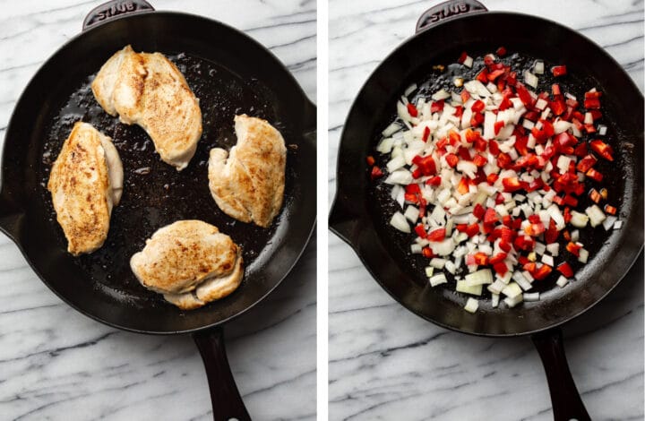 pan searing chicken in a cast iron skillet and sauteing onion and red bell pepper