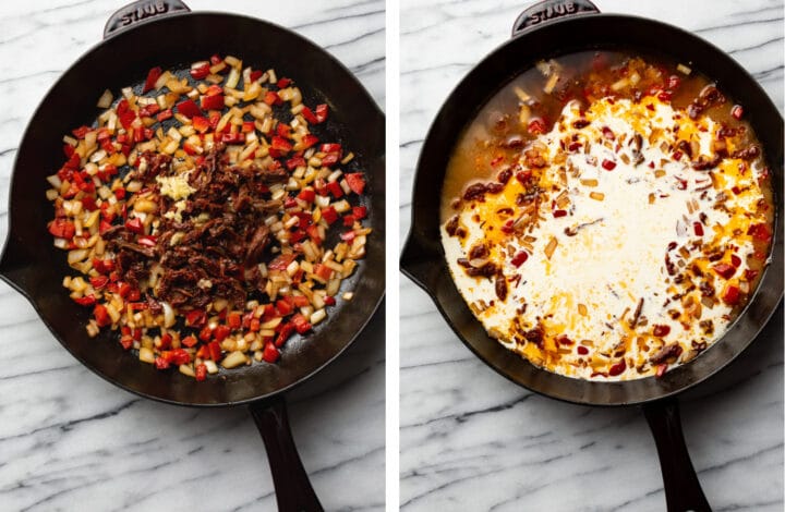 adding garlic, sun dried tomatoes, cream, and broth to a skillet