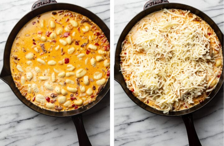 adding in gnocchi, chicken, and mozzarella to a skillet for cajun baked gnocchi