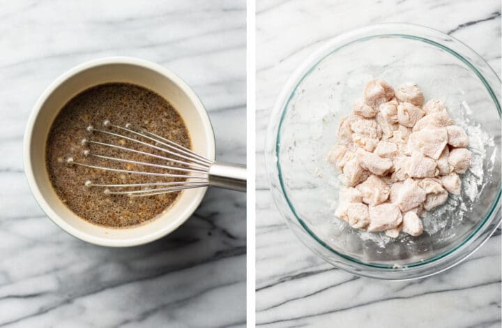 whisking sauce and seasoning chicken for chicken stir fry