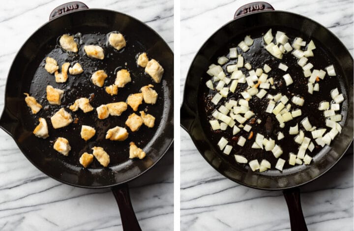 sauteing chicken and onion for chicken stir fry