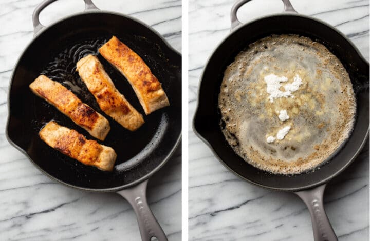 pan searing salmon in a cast iron skillet and starting honey mustard sauce