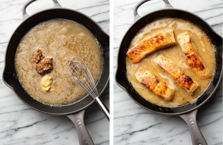 finishing making honey mustard sauce and adding salmon back into the skillet