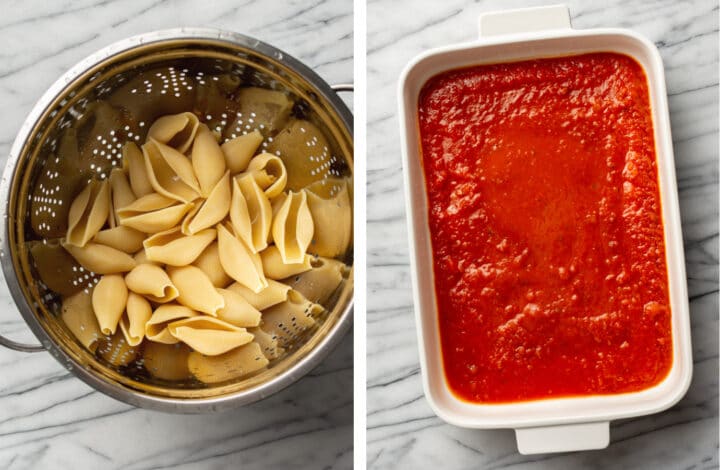 cooking pasta shells and adding marinara to a baking dish