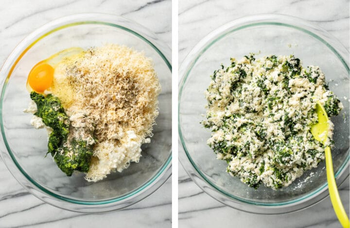 making ricotta mixture in a glass bowl for stuffed shells