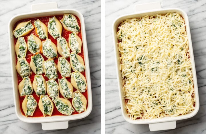 placing stuffed shells and mozzarella in a casserole dish