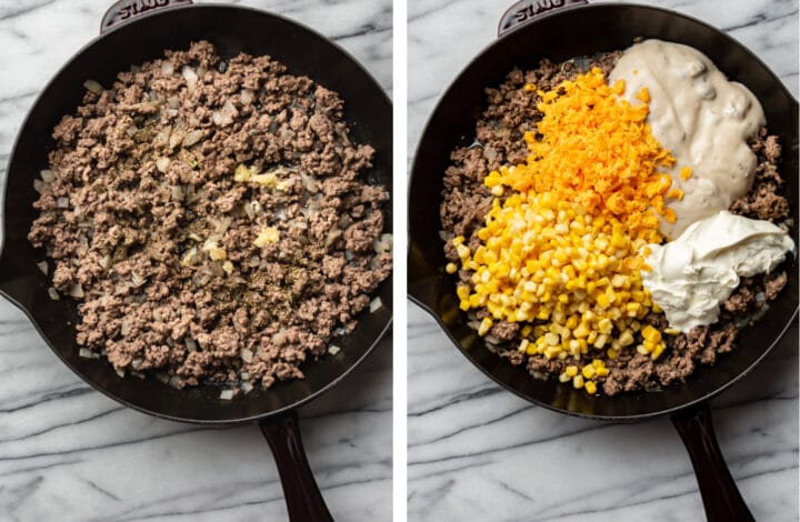 skillet with ground beef mixture for tater tot casserole