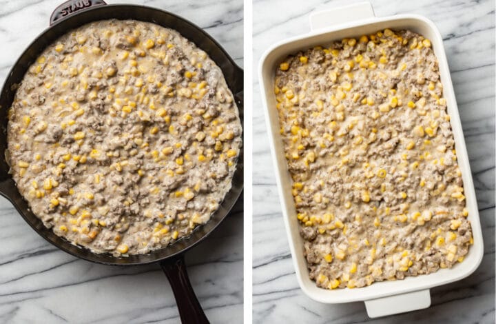 adding beef mixture to a casserole dish