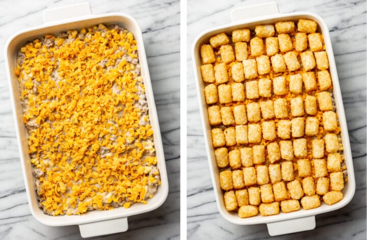 adding cheese and tater tots to tater tot casserole in a baking dish