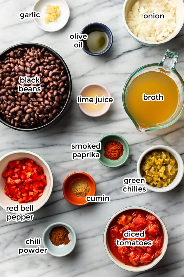 ingredients in bowls for black bean soup