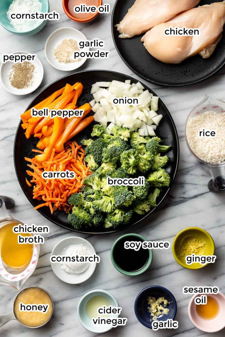 ingredients in bowls for chicken stir fry