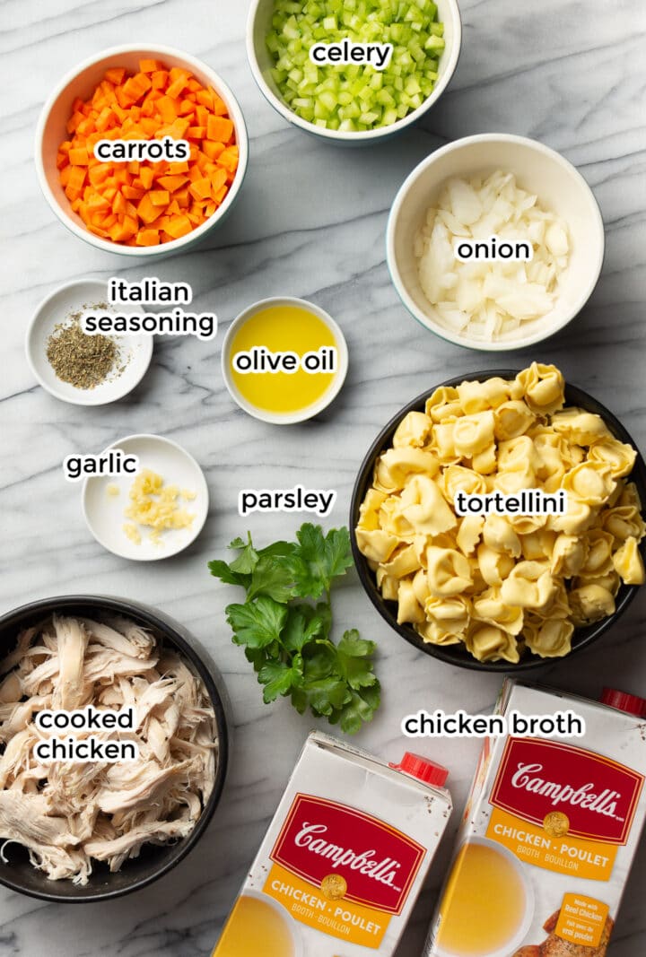 ingredients in bowls for chicken tortellini soup