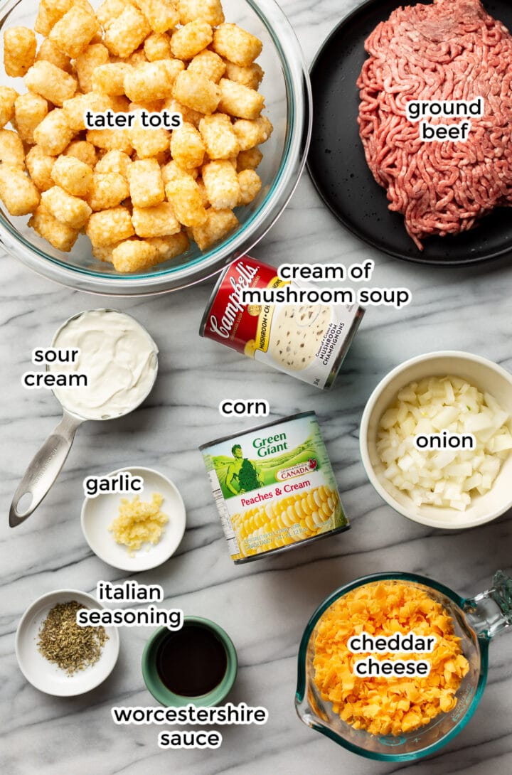 ingredients in bowls for tater tot casserole