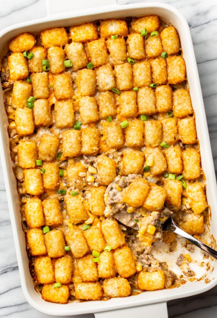 a baking dish with tater tot casserole